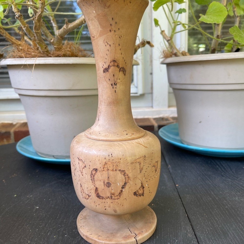 Vintage 70s Wood Native Vase Carving Native Art Arizona Pottery